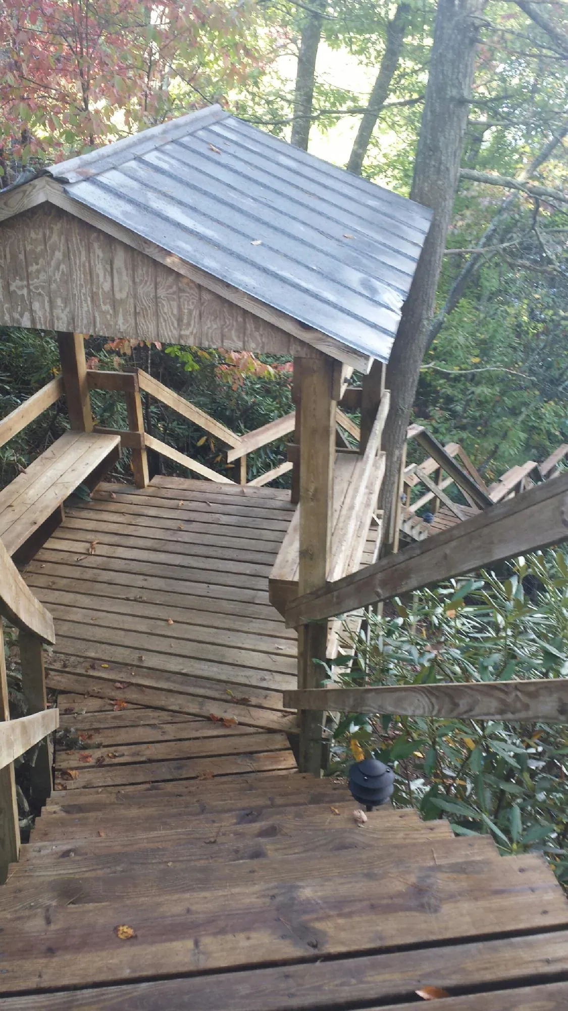 Metal roofed shelter over wooden steps on a wooded walkway — Skylight Repair & Installation work by our crew in Orem